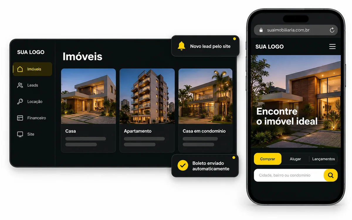 Ilustração do painel de imóveis do sistema e site da imobiliária no celular, com aviso de novo lead e de boleto enviado