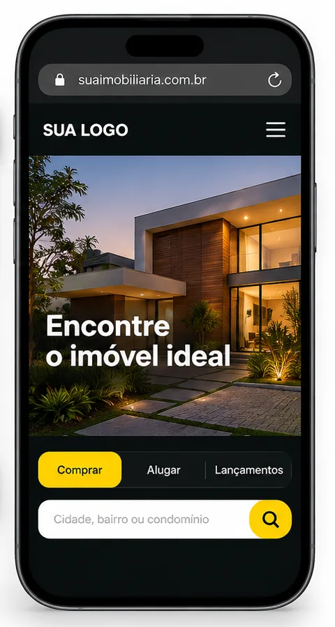 Ilustração do site da imobiliária aberto no celular, com busca de imóveis